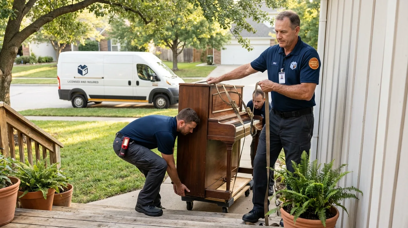 Licensed piano movers securing grand piano in Mount Union, PA