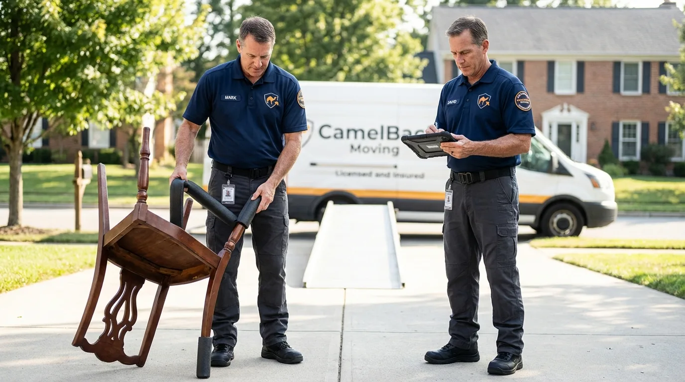 Movers inspecting furniture for damage prevention before loading in Mount Union, PA
