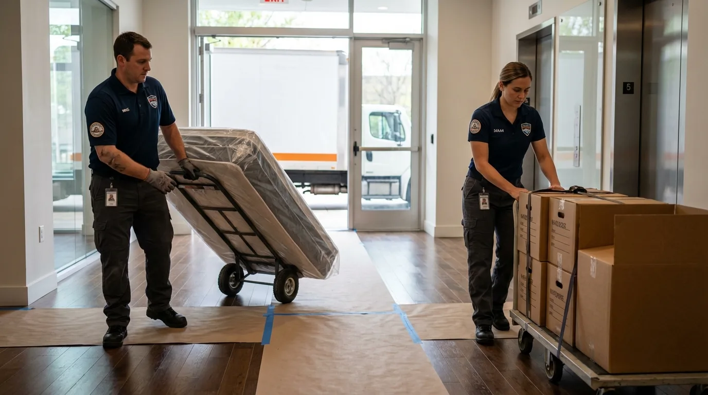 Professional apartment movers loading elevator in Mount Union, PA